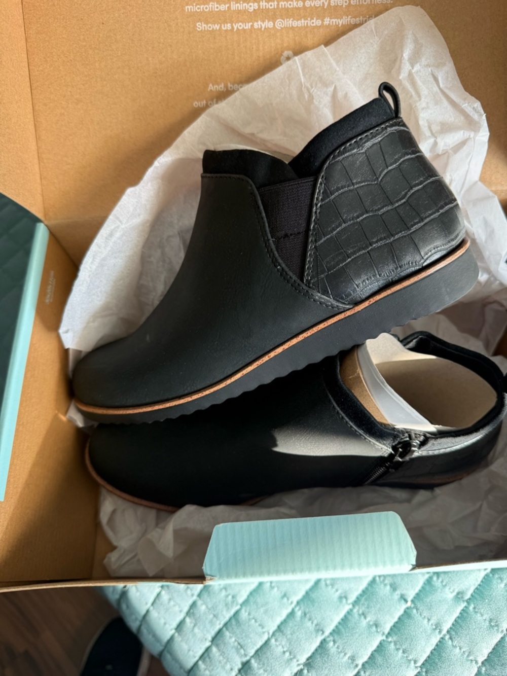 Life Stride Black Slip-On Ankle Booties with Croc-Embossed Heel